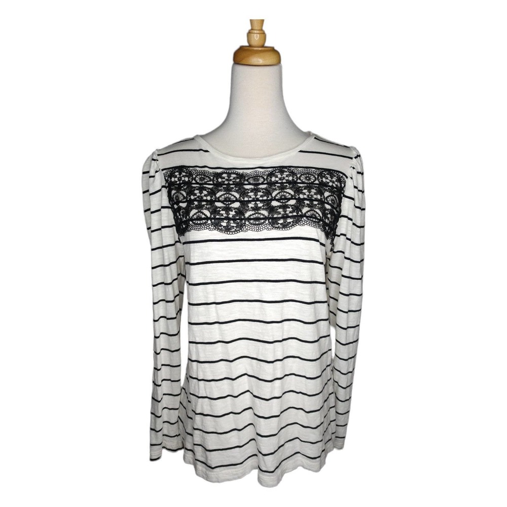 Black and White Stripe Long Sleeve T w Lace Trim Size M